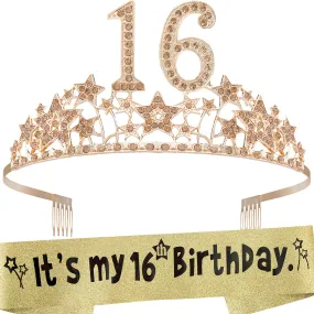 16th Birthday, 16th Birthday Gifts for Girls, 16th Birthday Tiara and Sash Gold, 16th