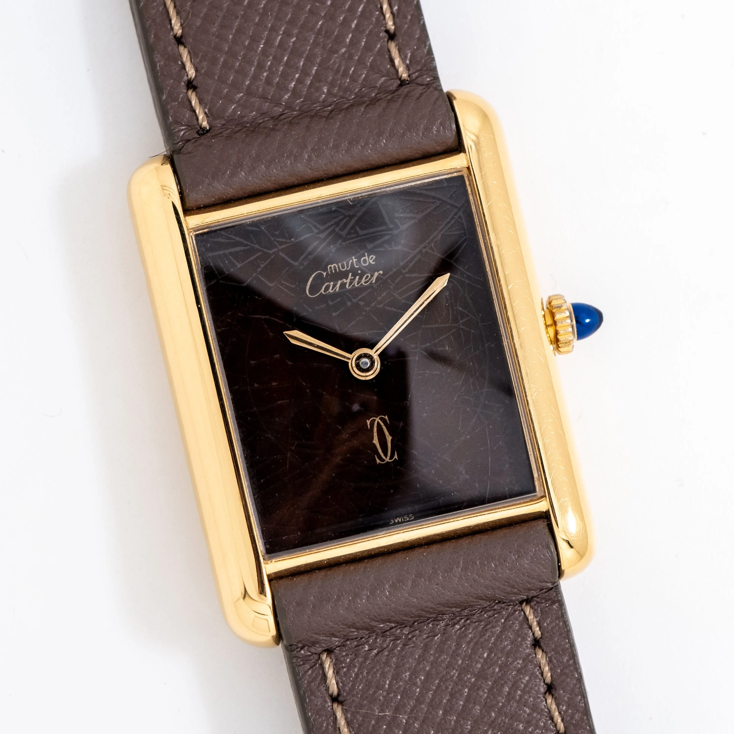 1990's Era Cartier Tank Must De 18k Yellow Gold Plated Over Sterling Silver Men's Size Watch (# 14724)