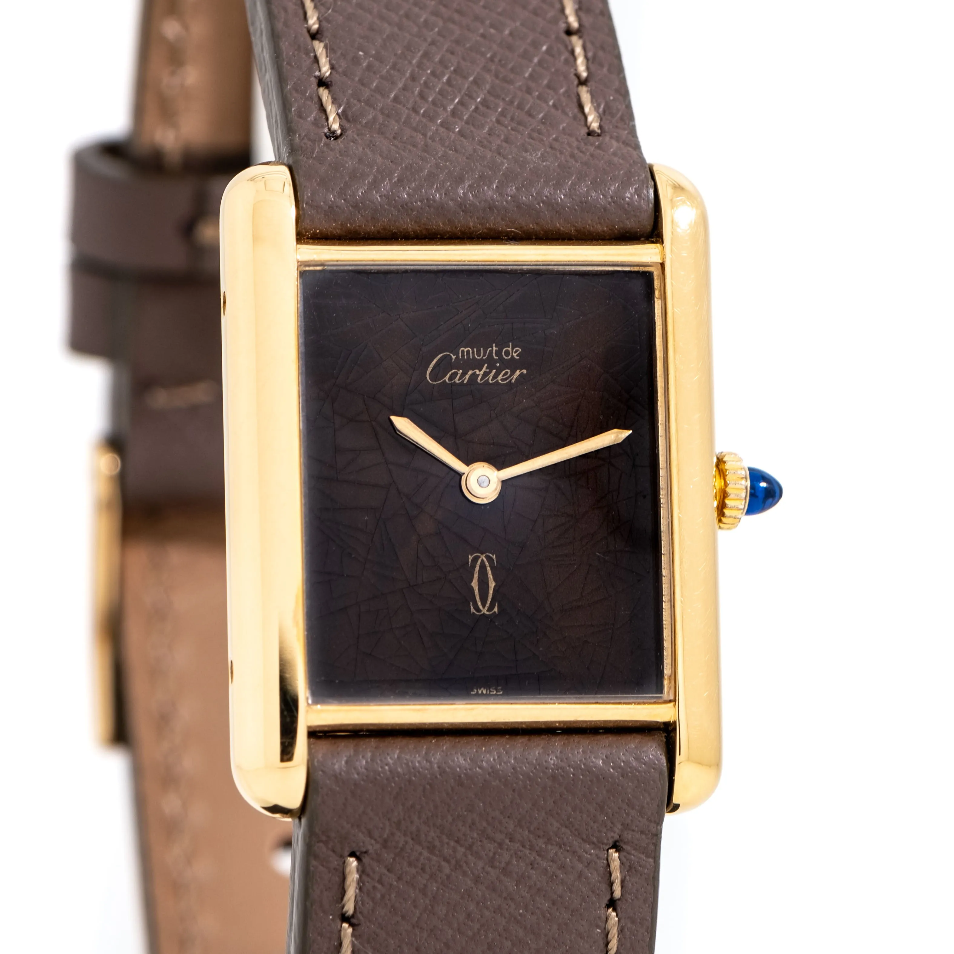 1990's Era Cartier Tank Must De 18k Yellow Gold Plated Over Sterling Silver Men's Size Watch (# 14724)