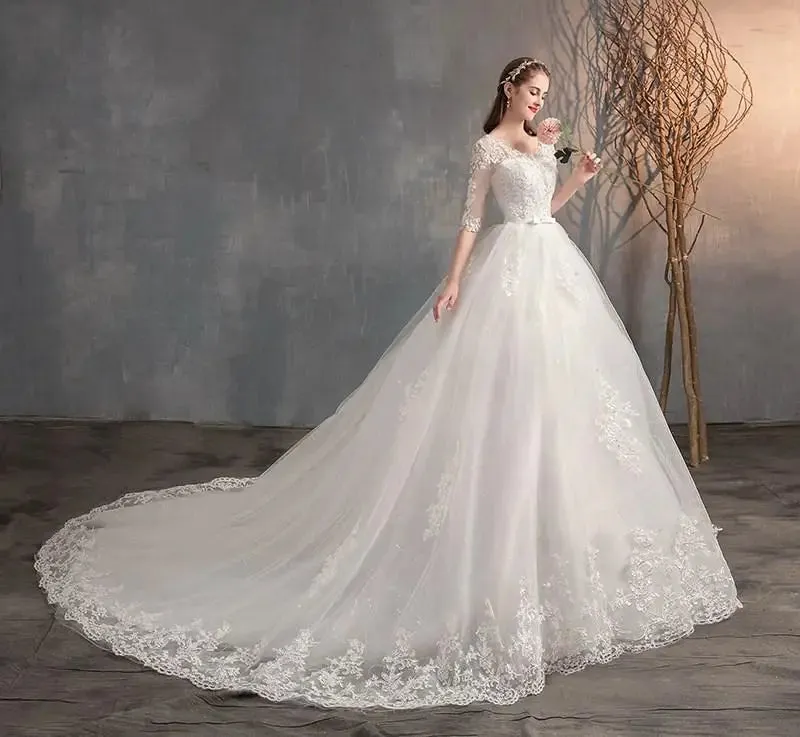 2024 Luxury Full Sleeve V-Neck Wedding Dress