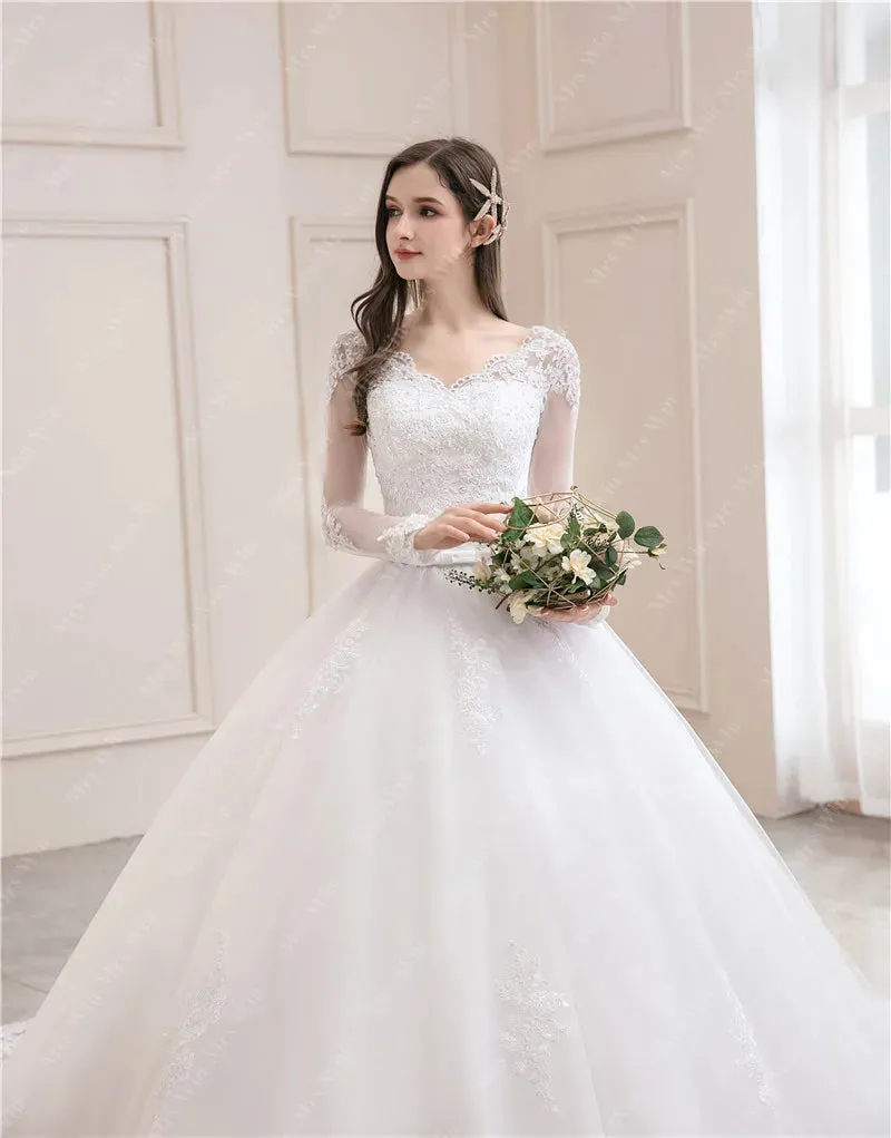 2024 Luxury Full Sleeve V-Neck Wedding Dress