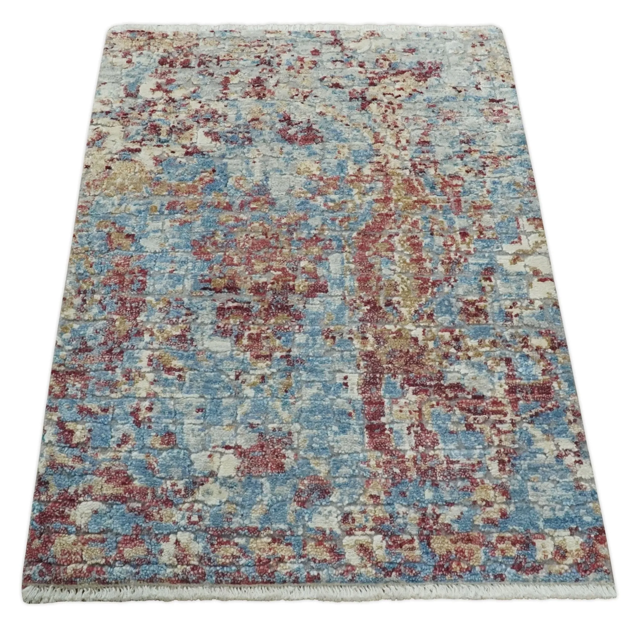 2x3 Modern Abstract Maroon, Blue, Ivory and Beige Wool Rug| N8723