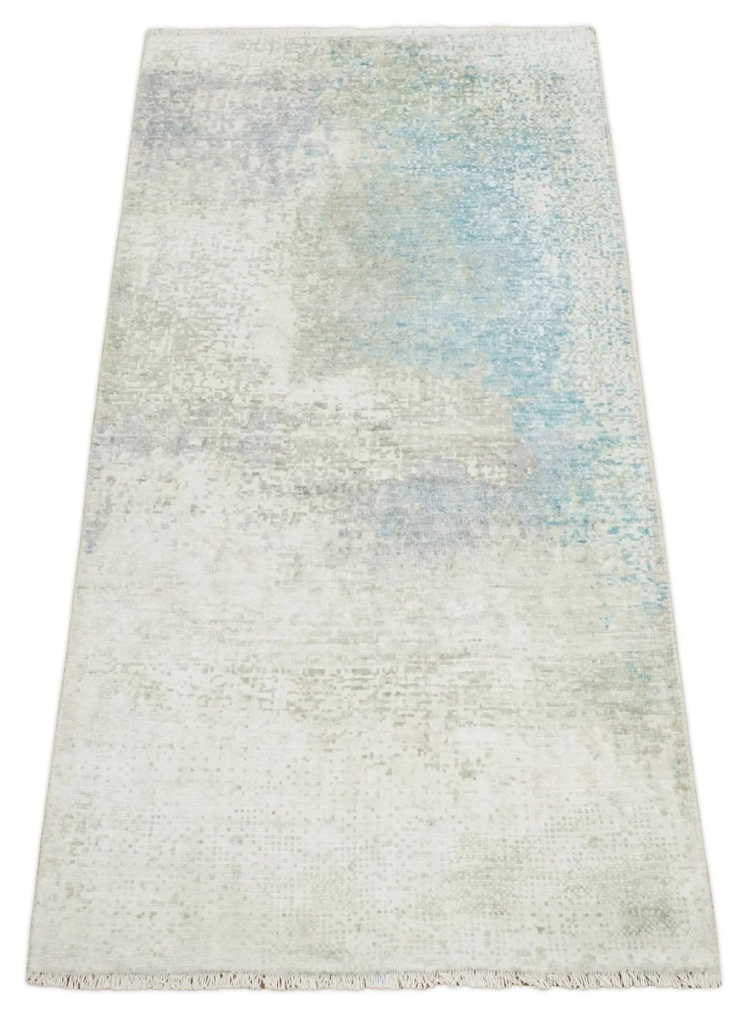 2x4 Modern Abstract Blue, Gray, Silver and Olive Rug made with Art Silk| N4524