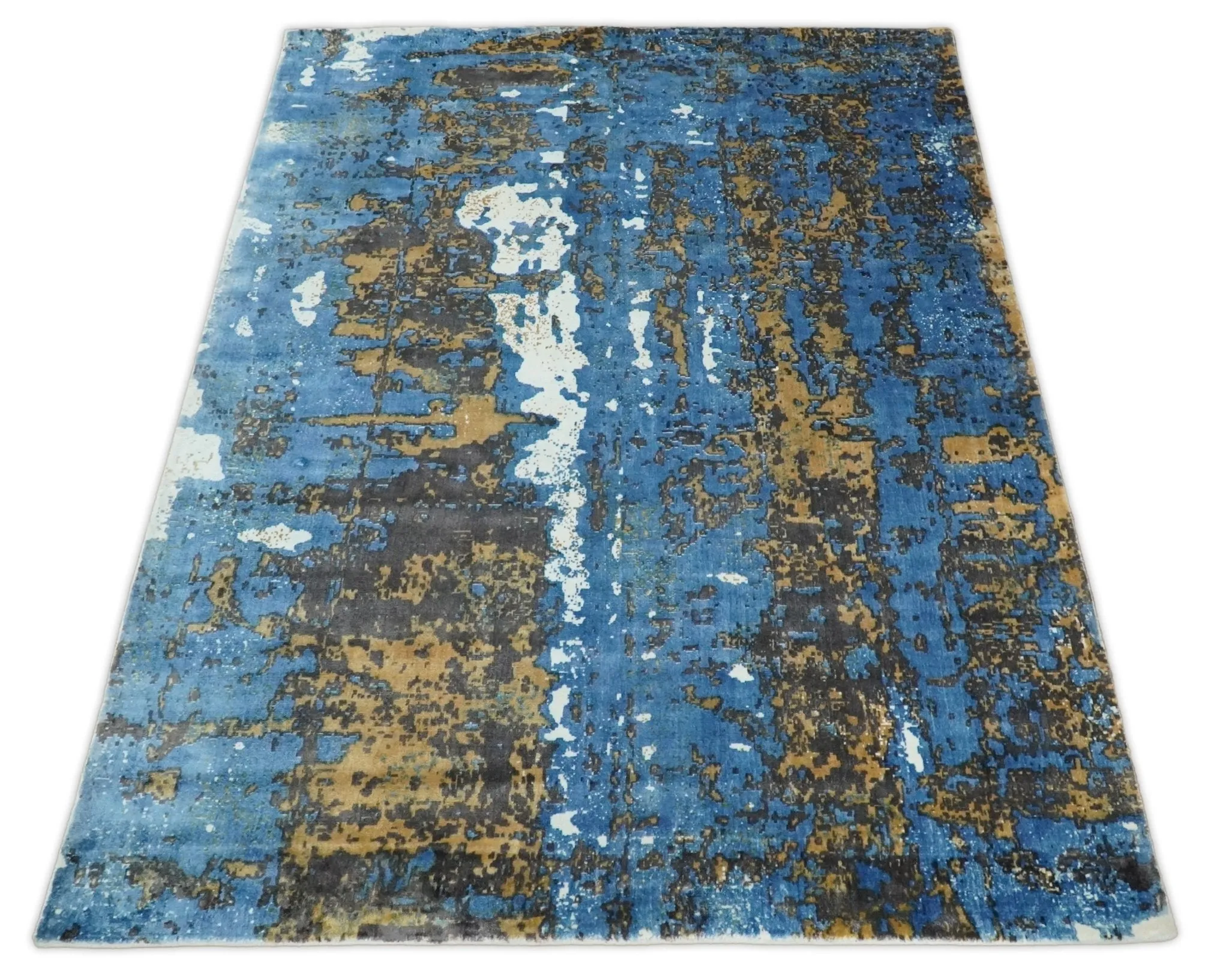 5.8x7.11 Modern Abstract Blue and Brown Rug made with Art Silk