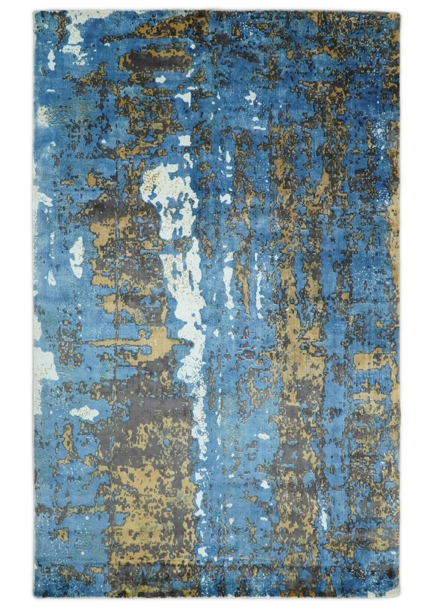 5.8x7.11 Modern Abstract Blue and Brown Rug made with Art Silk