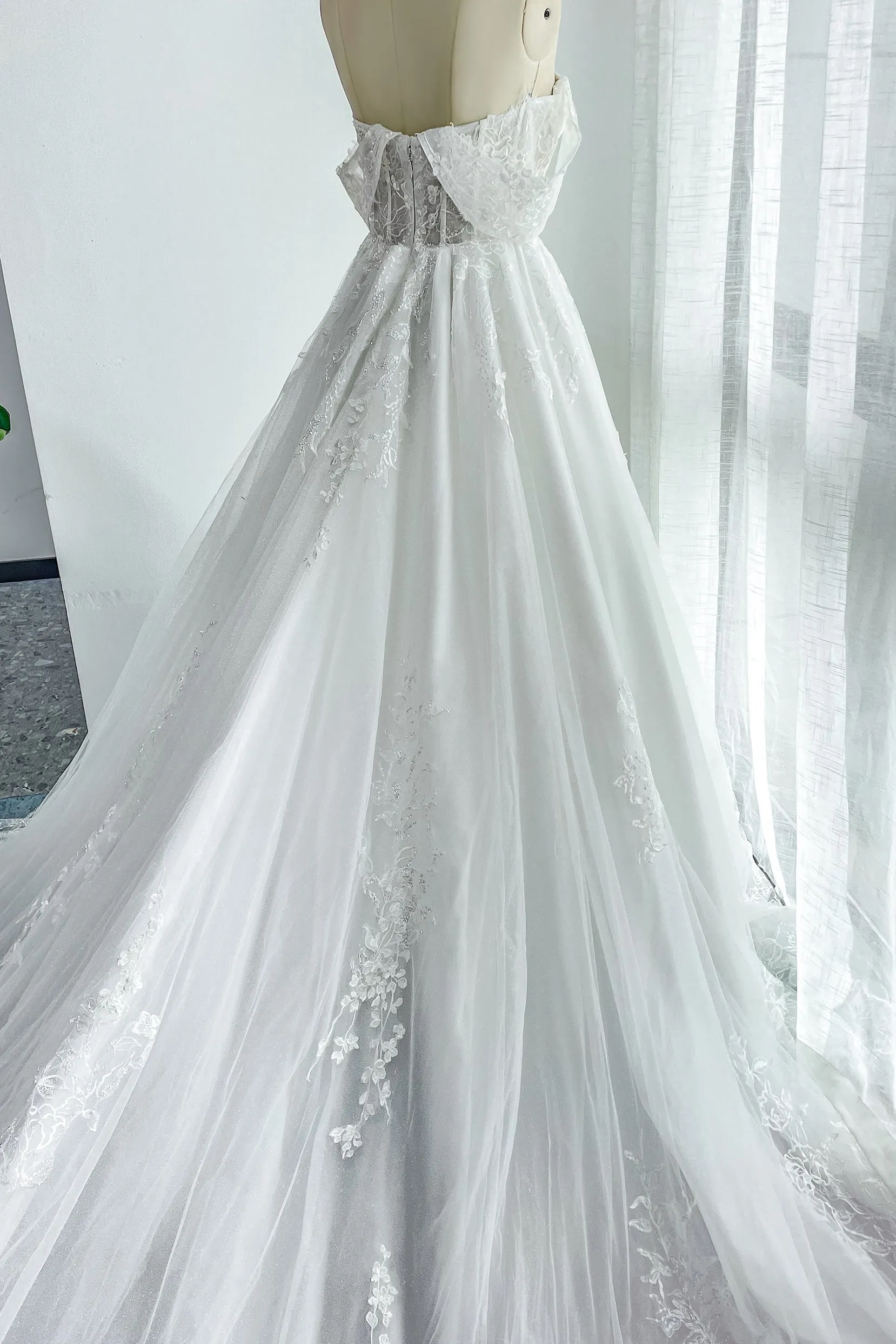 A-Line Cathedral Train Lace Tulle Wedding Dress CW3150