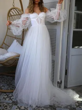 A-line Long Sleeves Tulle Garden Fairy Vintage Beach Long Wedding Dresses WD199