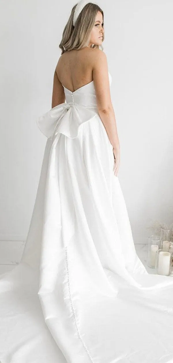 A-line Simple Strapless Satin Wedding Dress with Split, Bridal Gown WD146