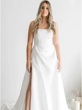 A-line Simple Strapless Satin Wedding Dress with Split, Bridal Gown WD146