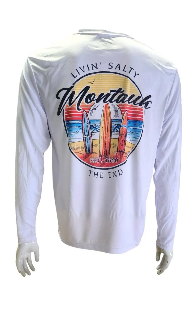 Adult Montauk The End Livin' Salty Surf Boards DriFit UV50 Long Sleeve Tee