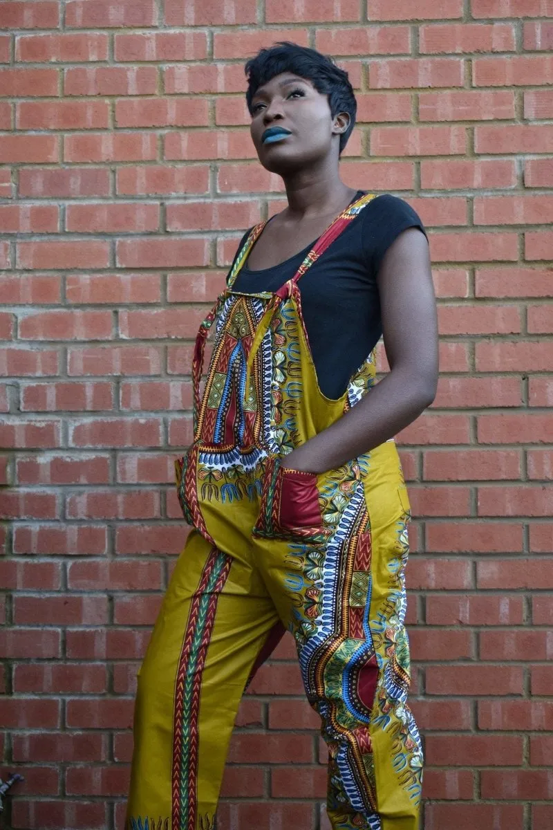 African Dungarees in Brown Dashiki Print - Festival Dungarees