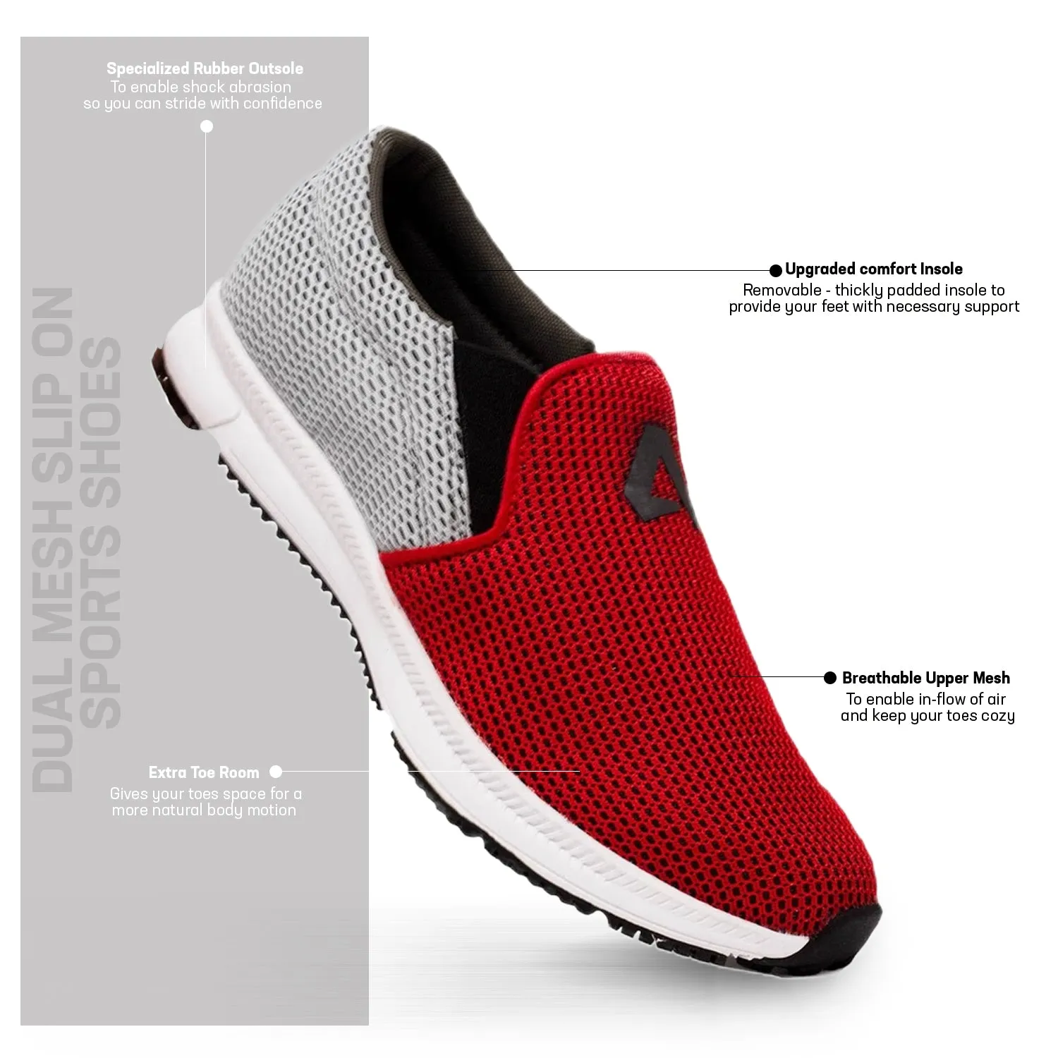 Avant Men's Dual Mesh Slip On Sports Shoes - Red/Grey