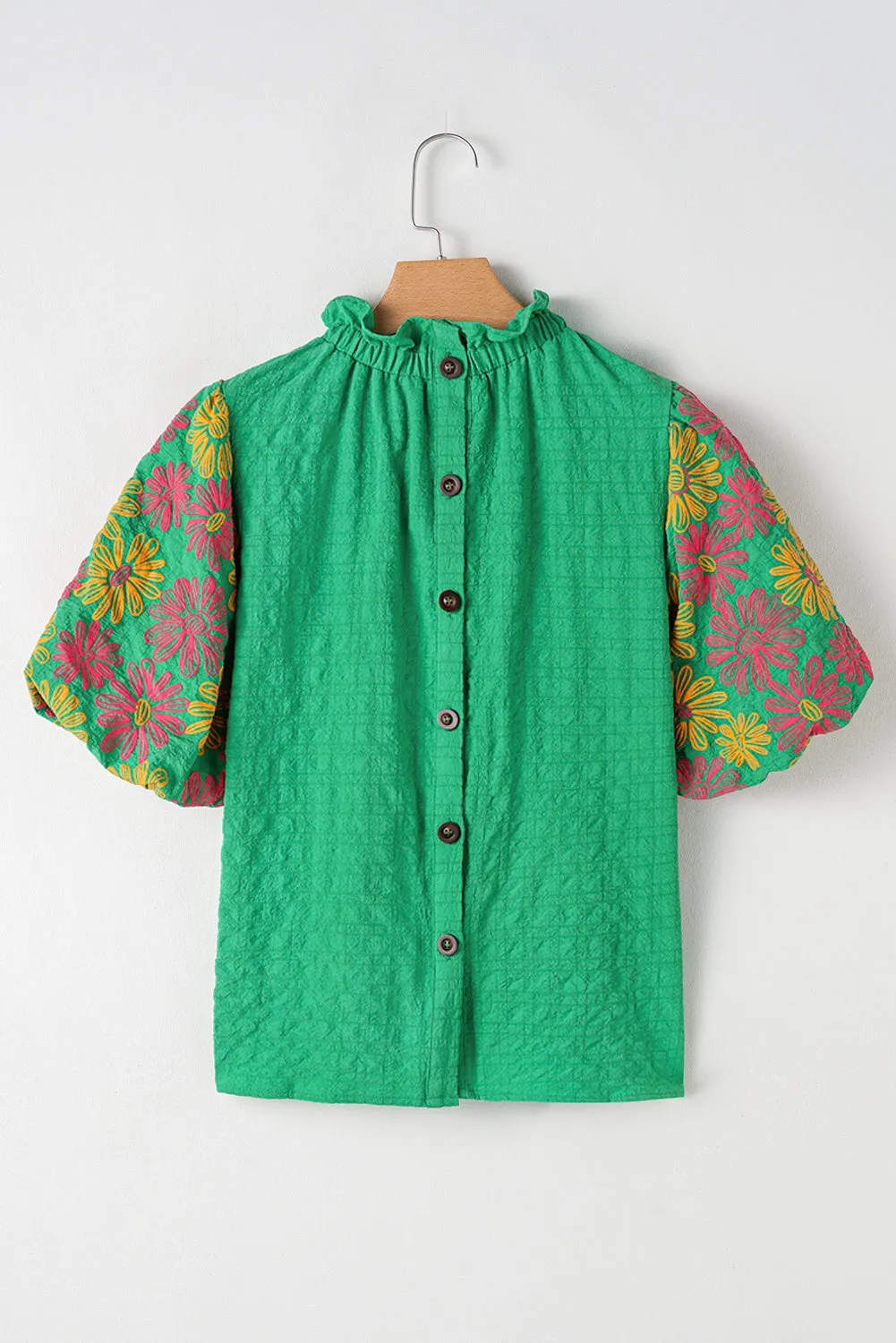 Bright Green Floral Puff Short Sleeve Ruffled Collar Button Back Top