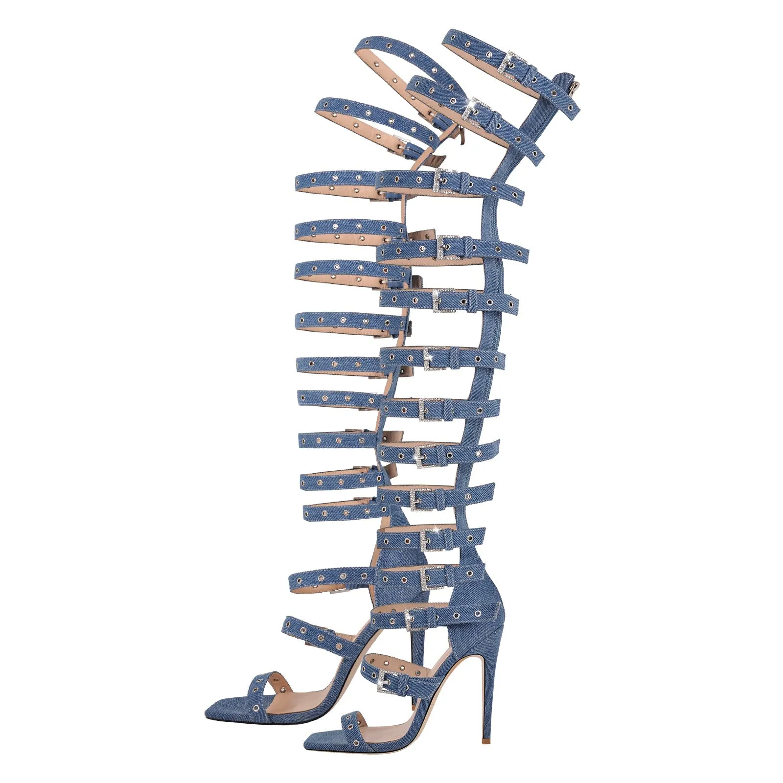 Denim Hollow Buckle Starp Thigh Stiletto Bootie Sandals