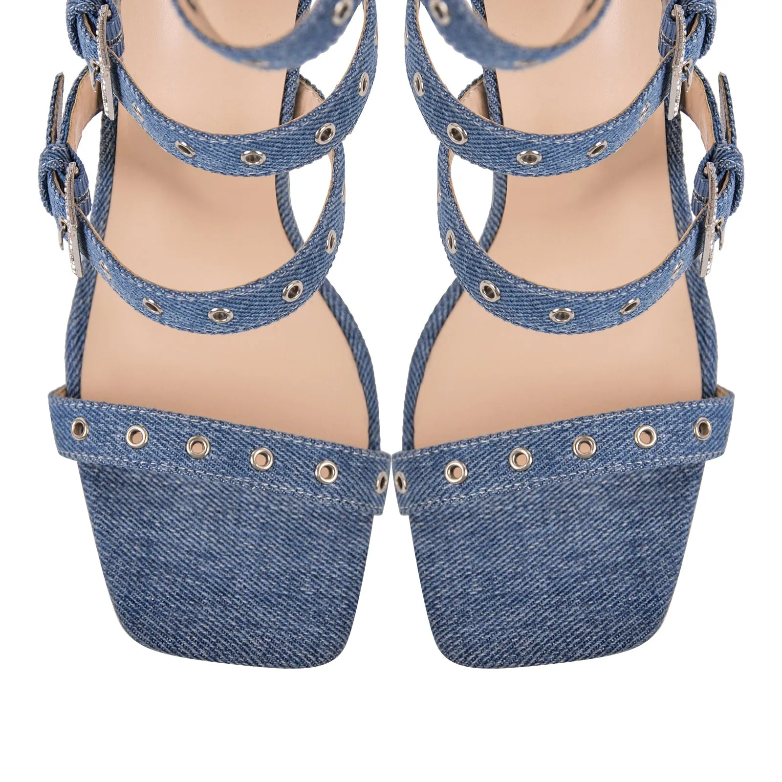 Denim Hollow Buckle Starp Thigh Stiletto Bootie Sandals