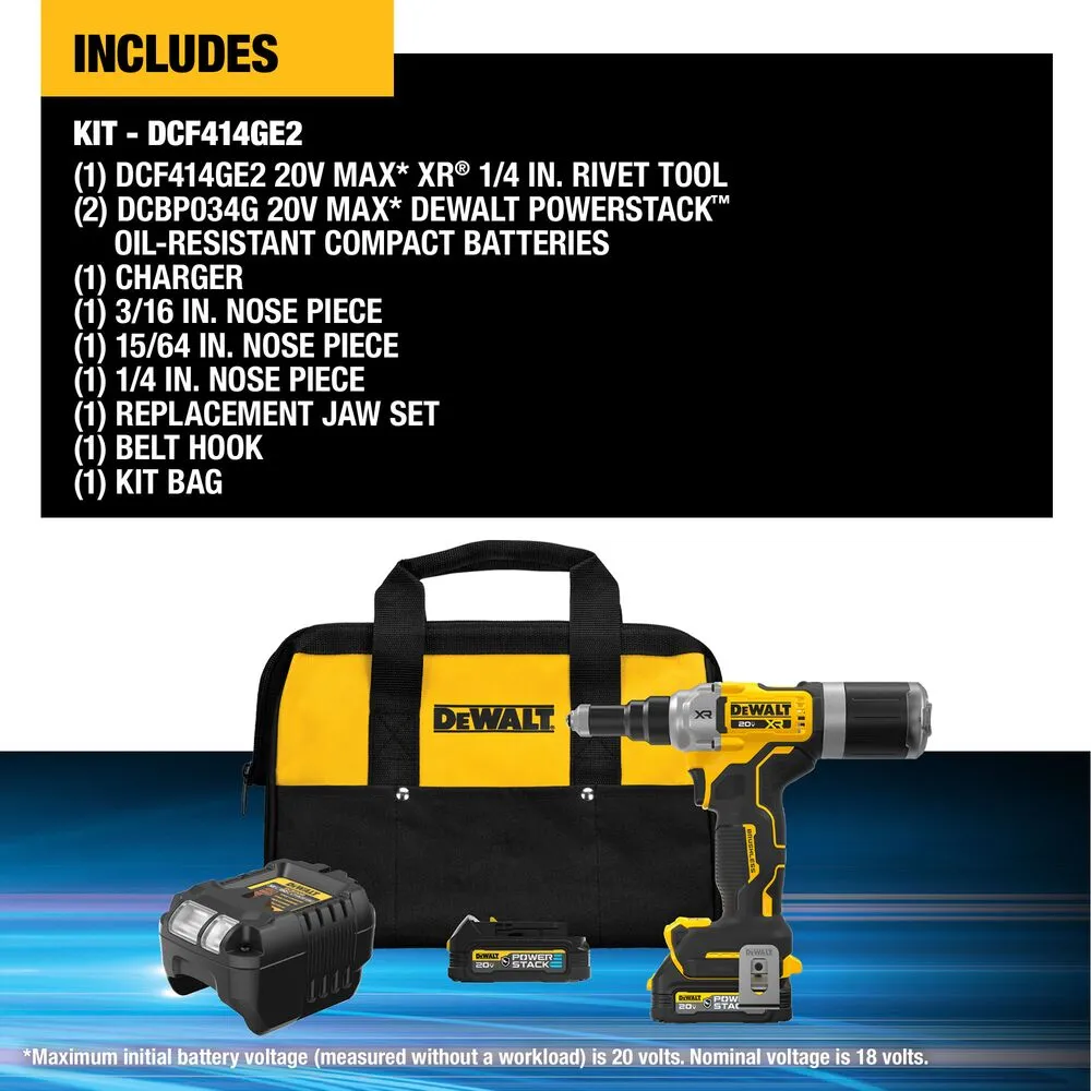 DeWALT DCF414GE2 20V MAX XR 1/4" Brushless Cordless Rivet Tool Kit