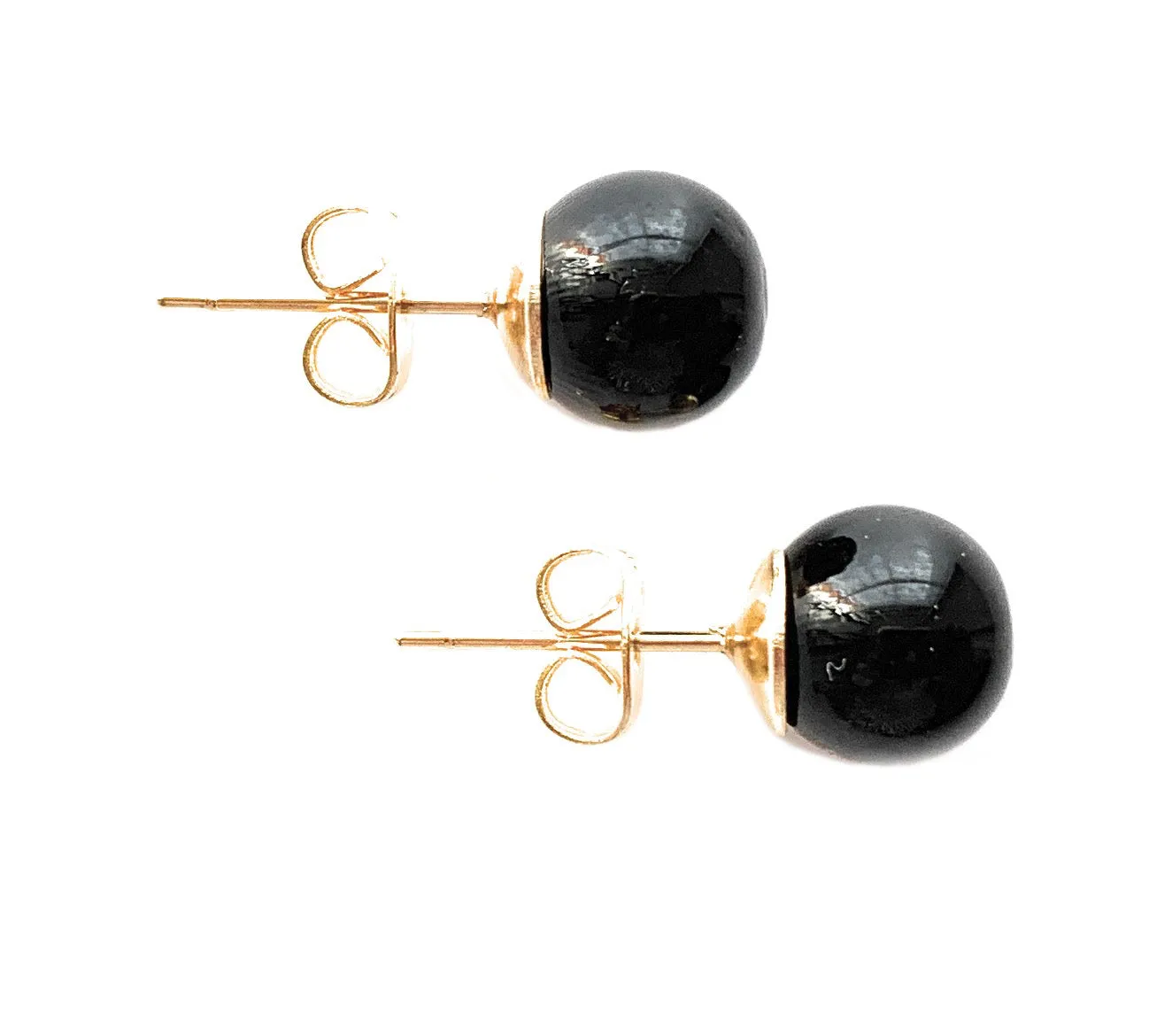 Earrings with black pastel Murano glass sphere studs on 24ct gold plated or surgical steel posts