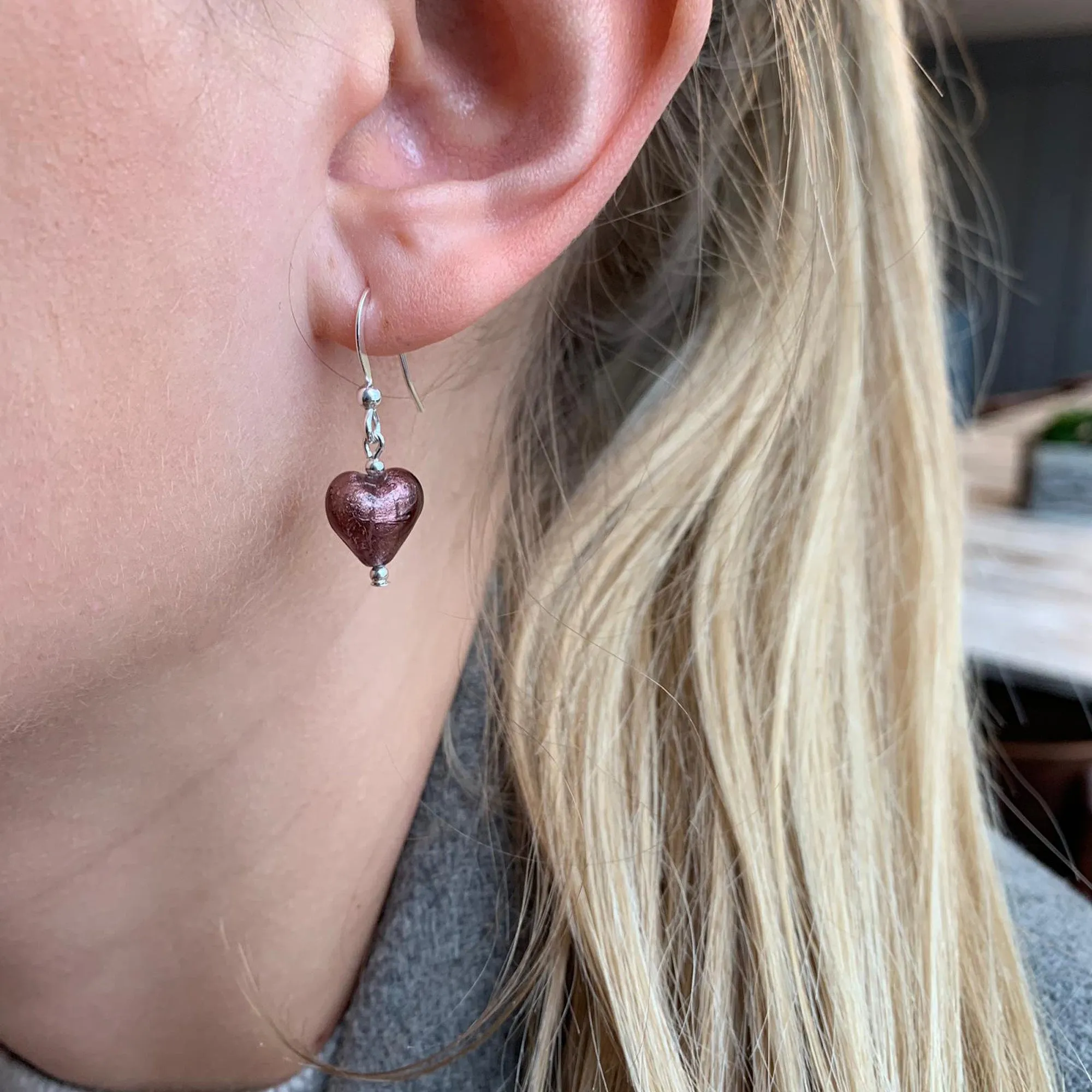 Earrings with dark amethyst (purple) Murano glass mini heart drops on silver or gold hooks