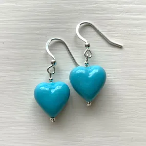 Earrings with turquoise (blue) pastel Murano glass small heart drops on silver or gold hooks