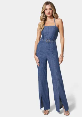 Front Slit Belted Wide Leg Denim Jumpsuit