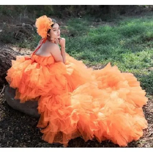 G740 (2), Luxury Orange Infinity Frill Pre Wedding Long Trail  Gown, Size (All)