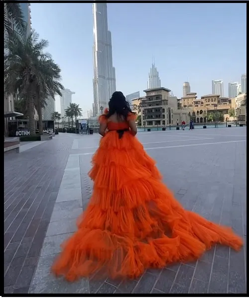 G740 (2), Luxury Orange Infinity Frill Pre Wedding Long Trail  Gown, Size (All)