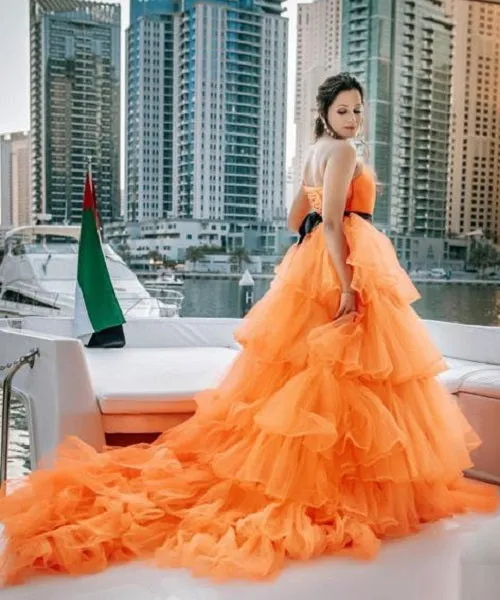 G740 (2), Luxury Orange Infinity Frill Pre Wedding Long Trail  Gown, Size (All)