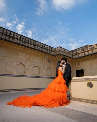 G740 (2), Luxury Orange Infinity Frill Pre Wedding Long Trail  Gown, Size (All)