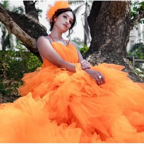 G740 (2), Luxury Orange Infinity Frill Pre Wedding Long Trail  Gown, Size (All)