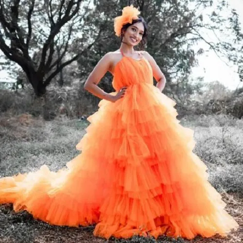 G740 (2), Luxury Orange Infinity Frill Pre Wedding Long Trail  Gown, Size (All)