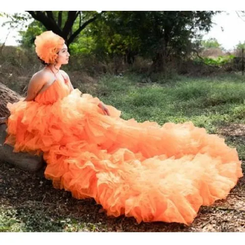 G740 (2), Luxury Orange Infinity Frill Pre Wedding Long Trail  Gown, Size (All)