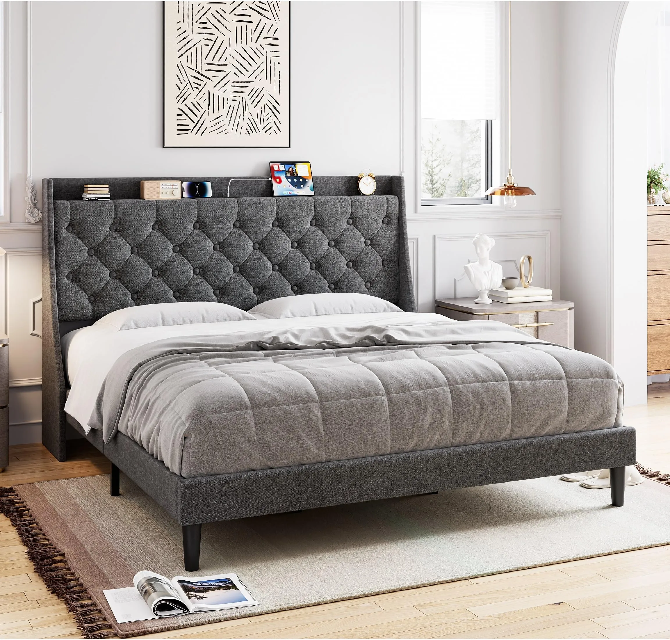 GARVEE King Size Bed Frame with Charging Ports, Storage Shelf, Upholstered Platform, Wingback Headboard, No Box Spring, Dark Gray