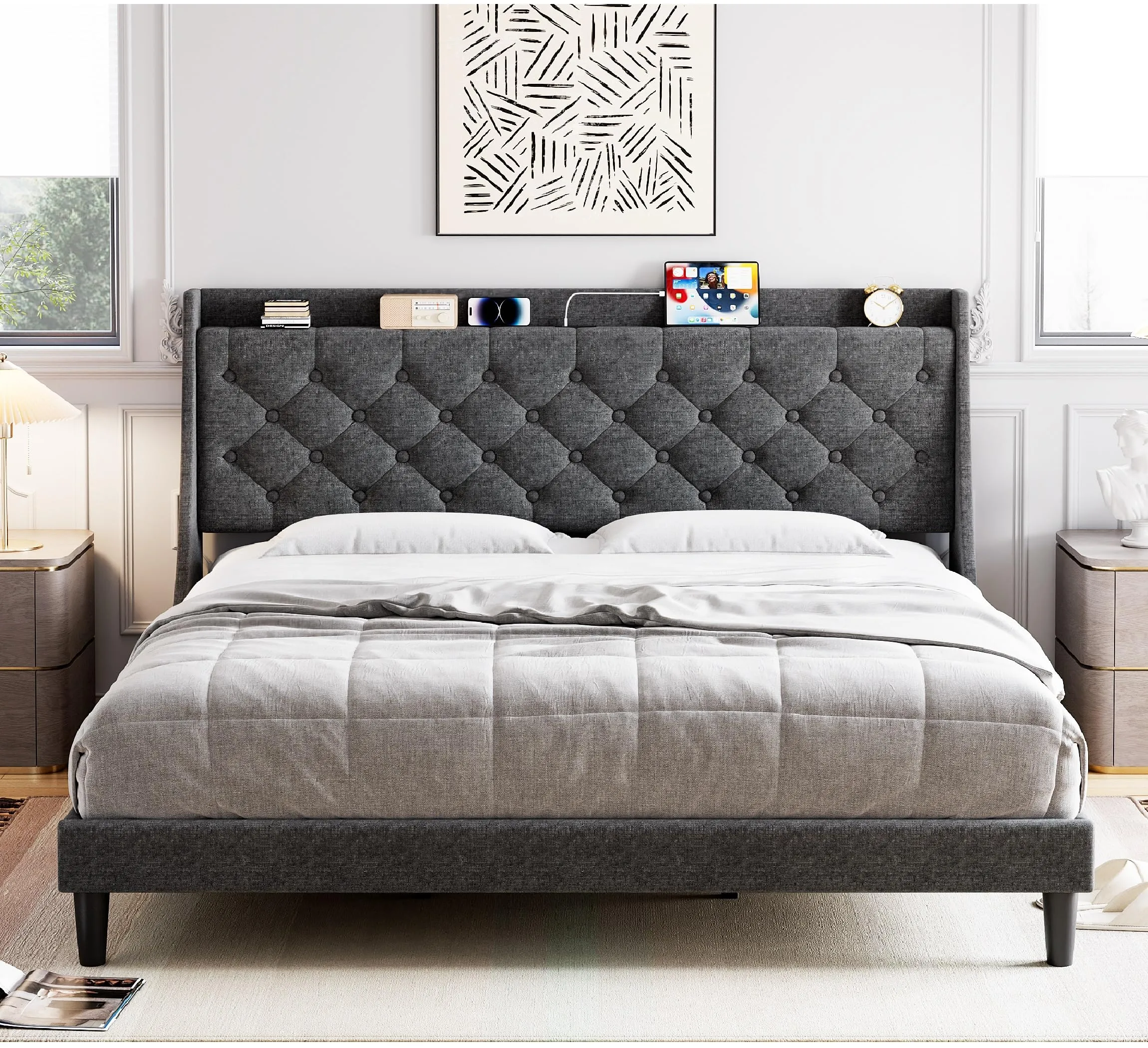 GARVEE King Size Bed Frame with Charging Ports, Storage Shelf, Upholstered Platform, Wingback Headboard, No Box Spring, Dark Gray