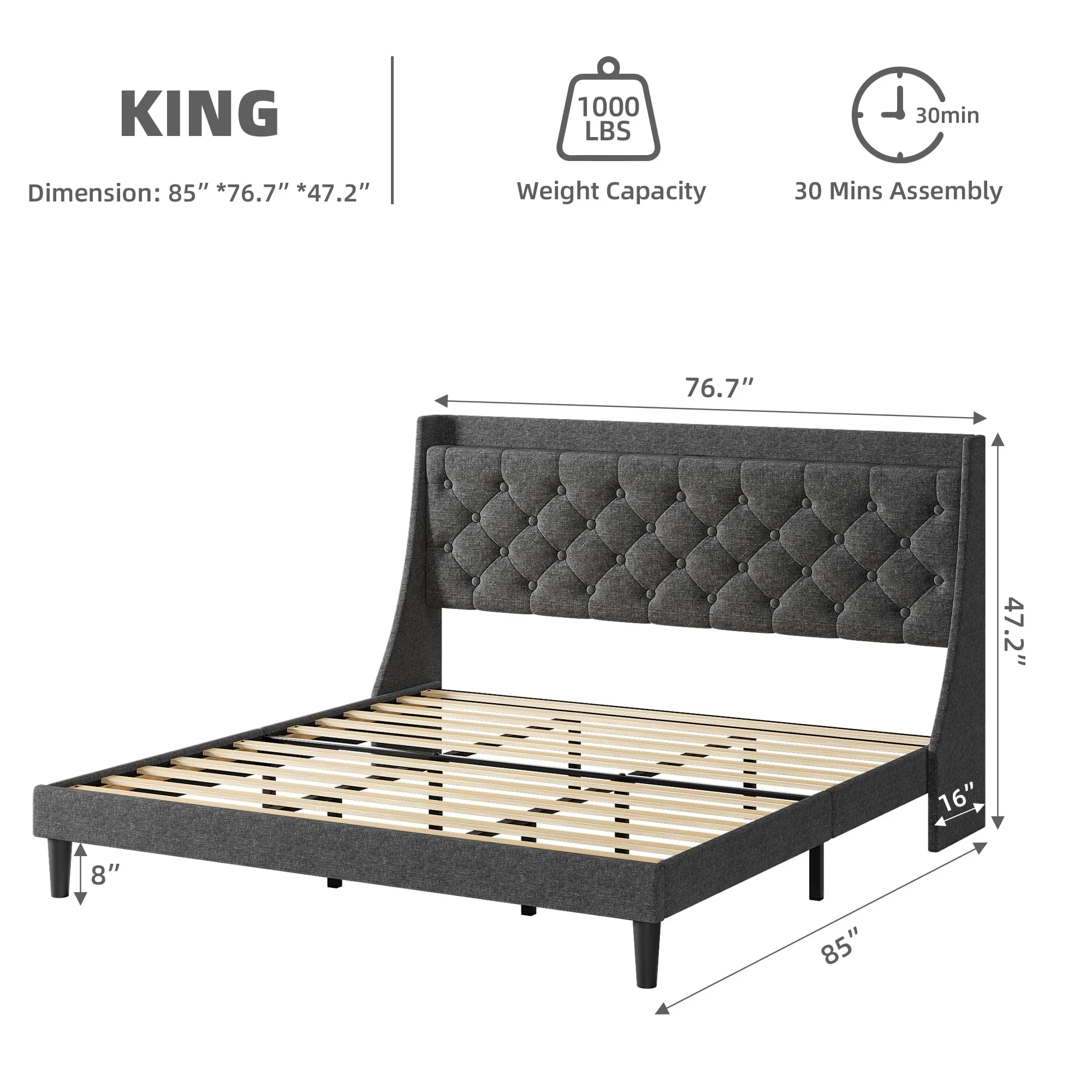 GARVEE King Size Bed Frame with Charging Ports, Storage Shelf, Upholstered Platform, Wingback Headboard, No Box Spring, Dark Gray