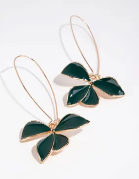 Gold & Green Enamel Flower Fish Hook Earrings