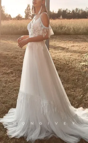 H1224 - Sexy Tulle A-Line Off-Shoulder Illusion Appliques Beaded Feathers With Train Boho Wedding Dress