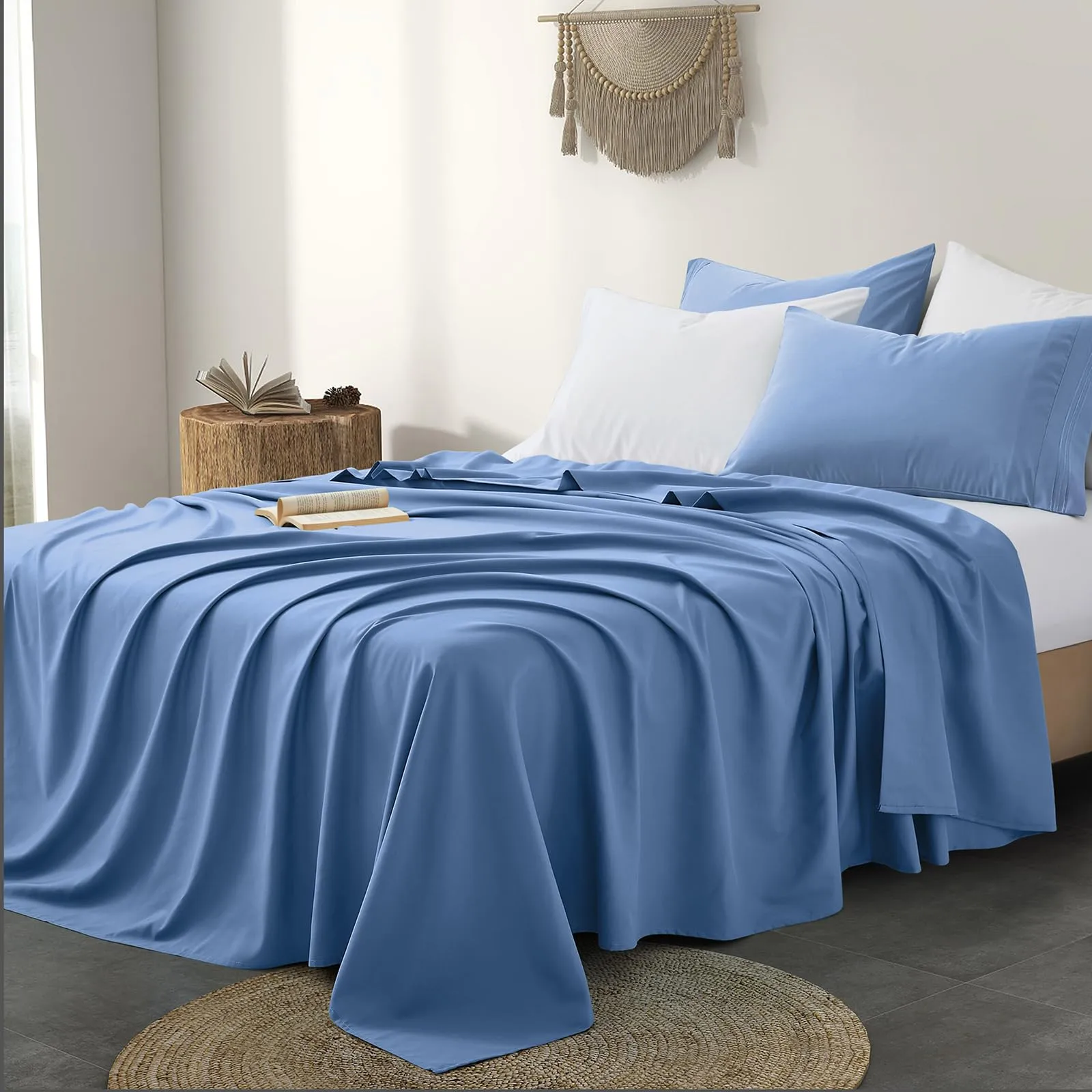 Horbaunal 2 Pack Twin Flat Bed Sheets Only - 1800 Thread Count Microfiber Blue Flat Sheet Only - Wrinkle Free & Ultra Soft Bed Top Sheets Twin Size