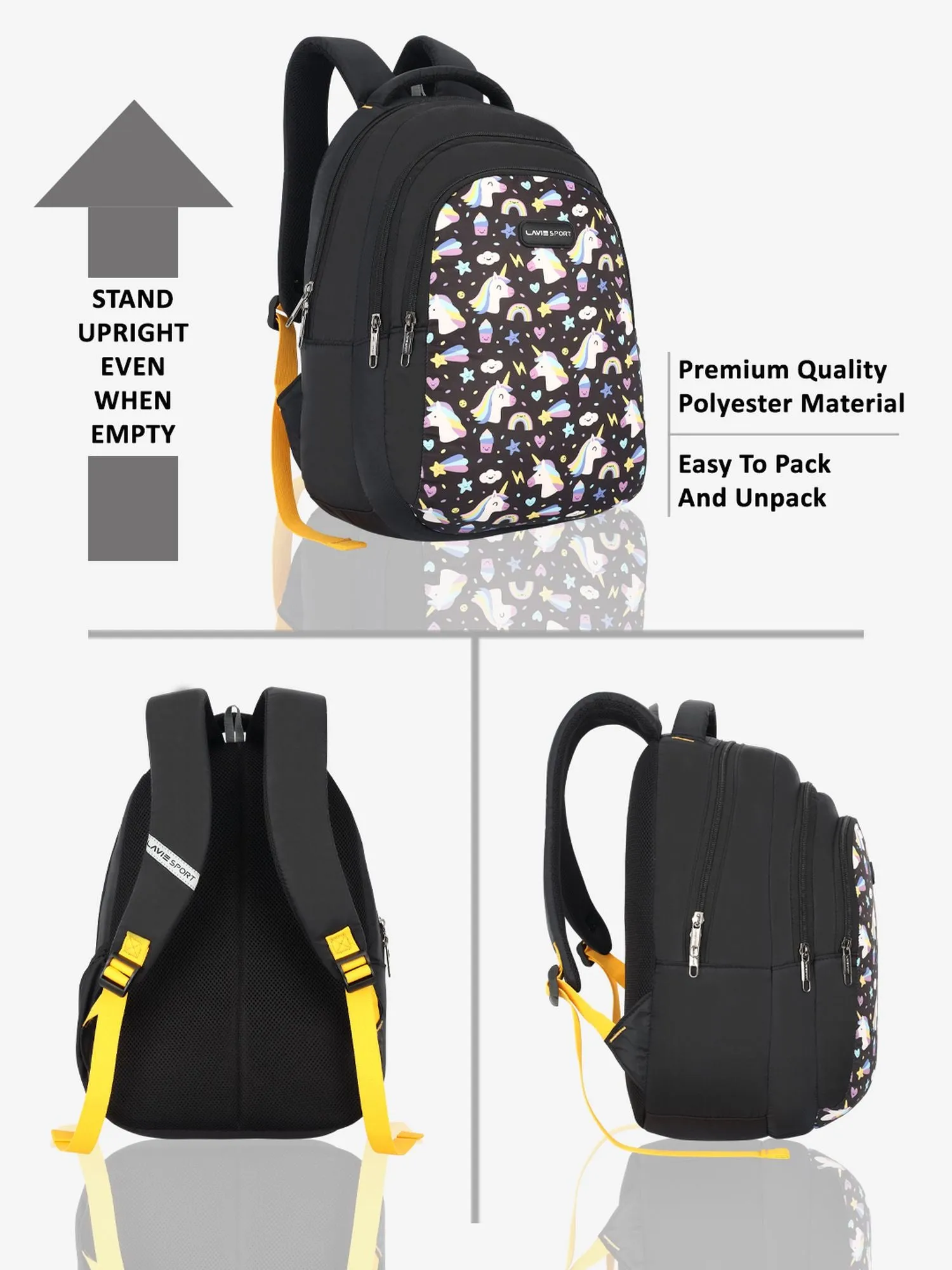 Lavie Sport Unicorn Horn 26L Printed School Backpack for Girls Black