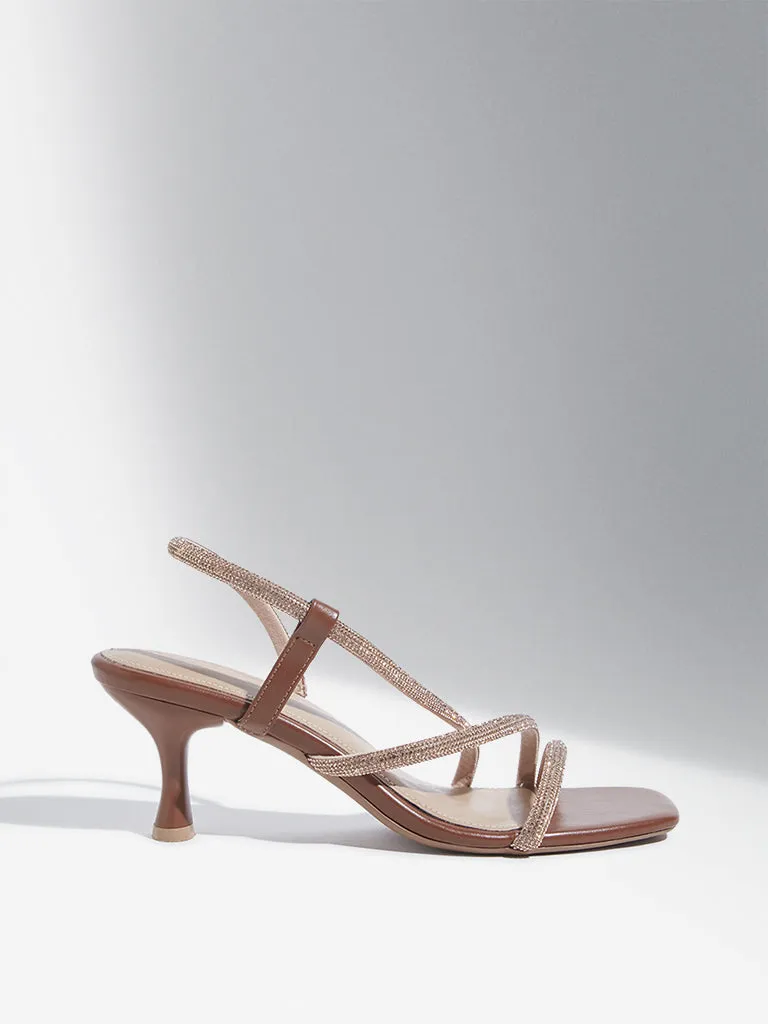 LUNA BLU Tan Embellished Multi-Strap Heel Sandals