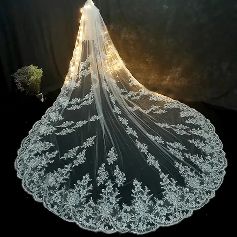 Luxury Long Bridal Veil White Ivory Wedding Veils With Comb Lace Edge Applique Elegant Cathedral Length Wedding Accessories