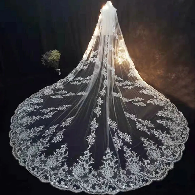 Luxury Long Bridal Veil White Ivory Wedding Veils With Comb Lace Edge Applique Elegant Cathedral Length Wedding Accessories