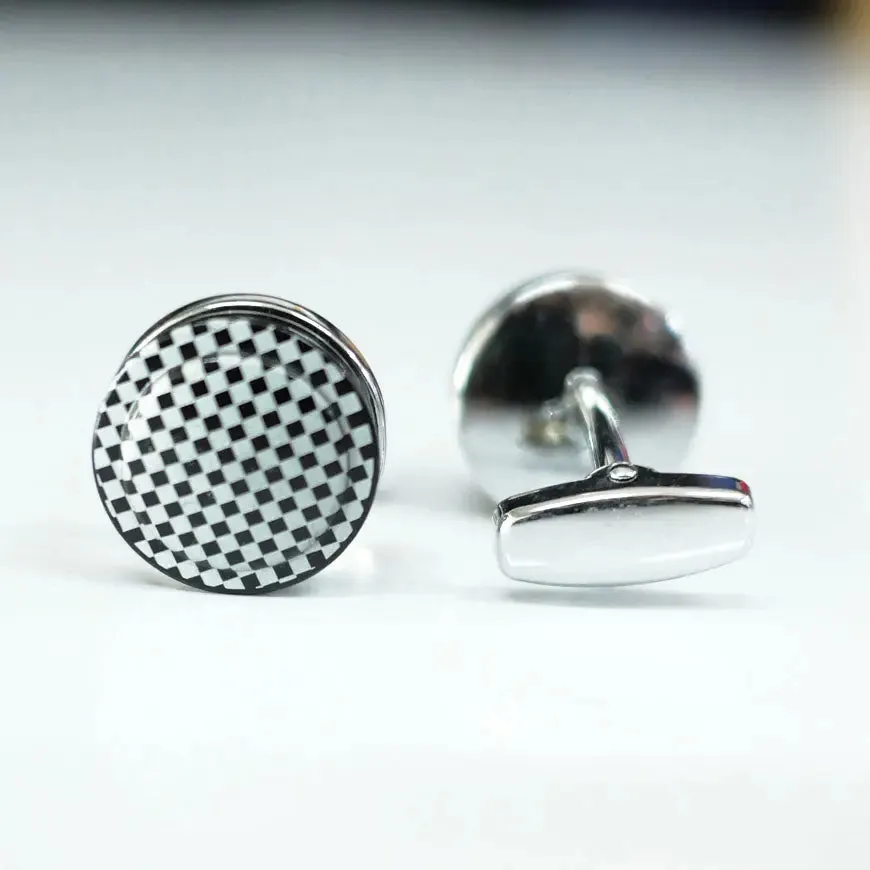 Luxury Men's Black and White Round Cufflinks