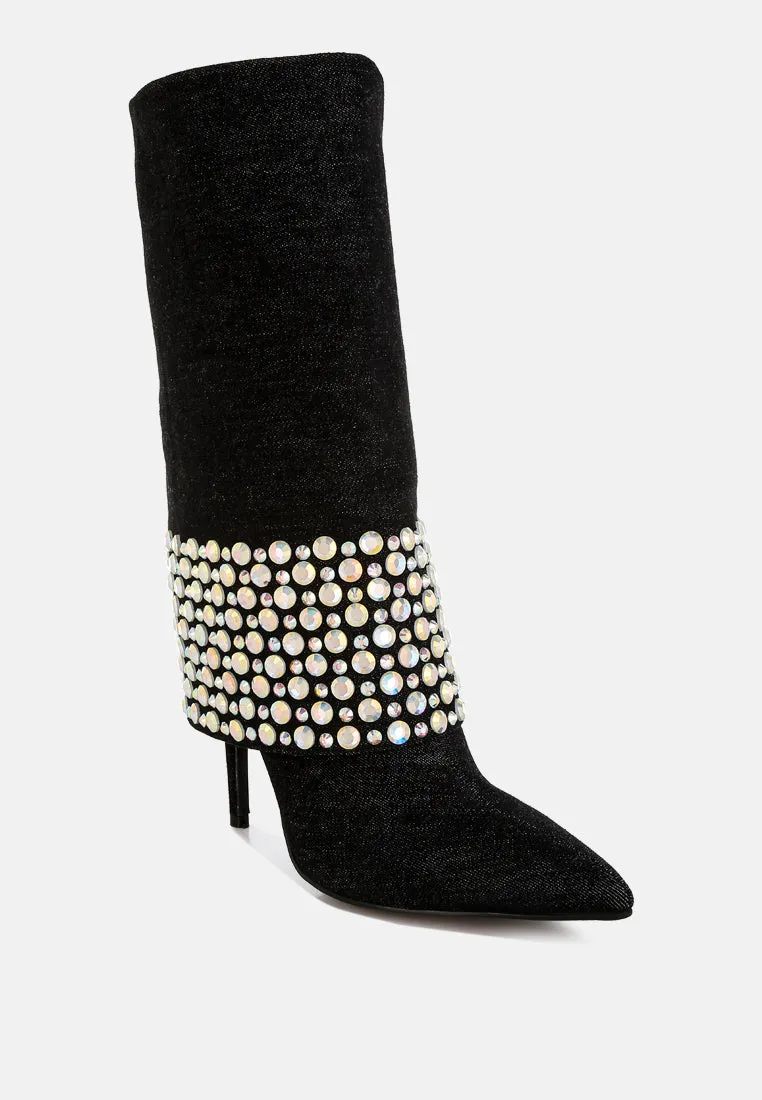 Mike Drop Diamante & Rhinestones Denim Boots