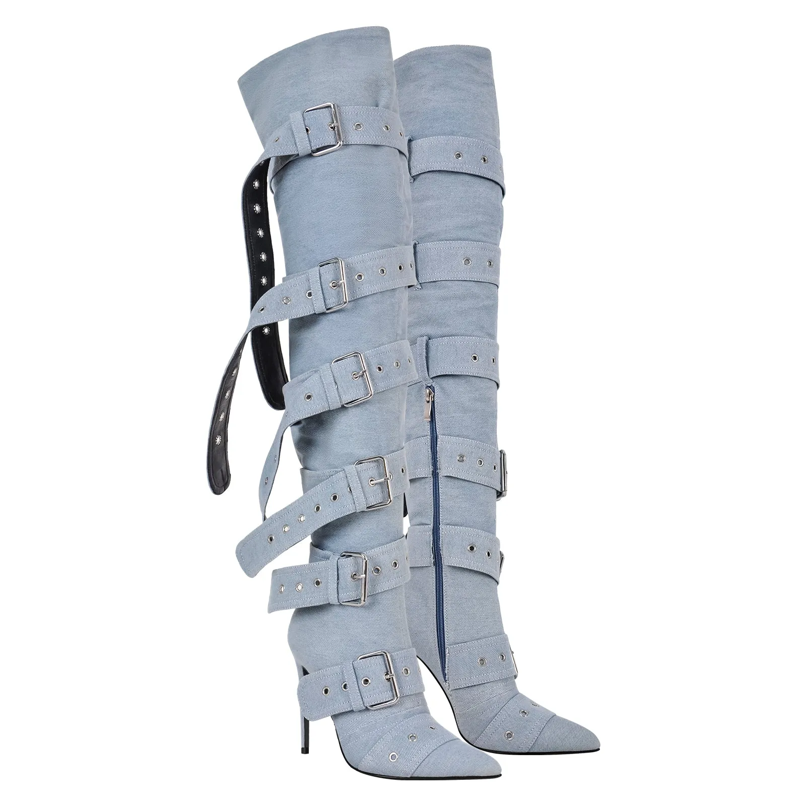 Multi Buckle Strap Thigh High Pointed Toe Stiletto Boots