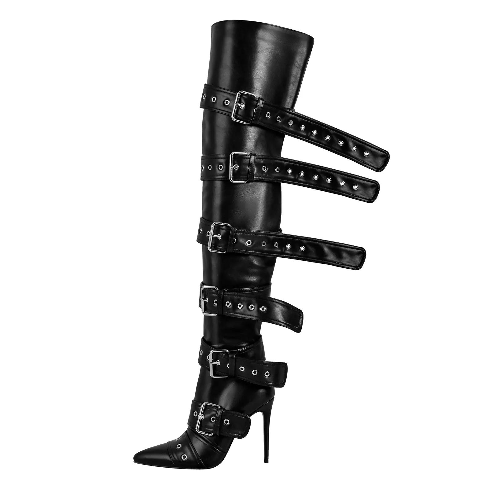 Multi Buckle Strap Thigh High Pointed Toe Stiletto Boots