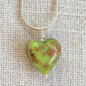 Necklace with green pastel and aventurine Murano glass small heart pendant on chain