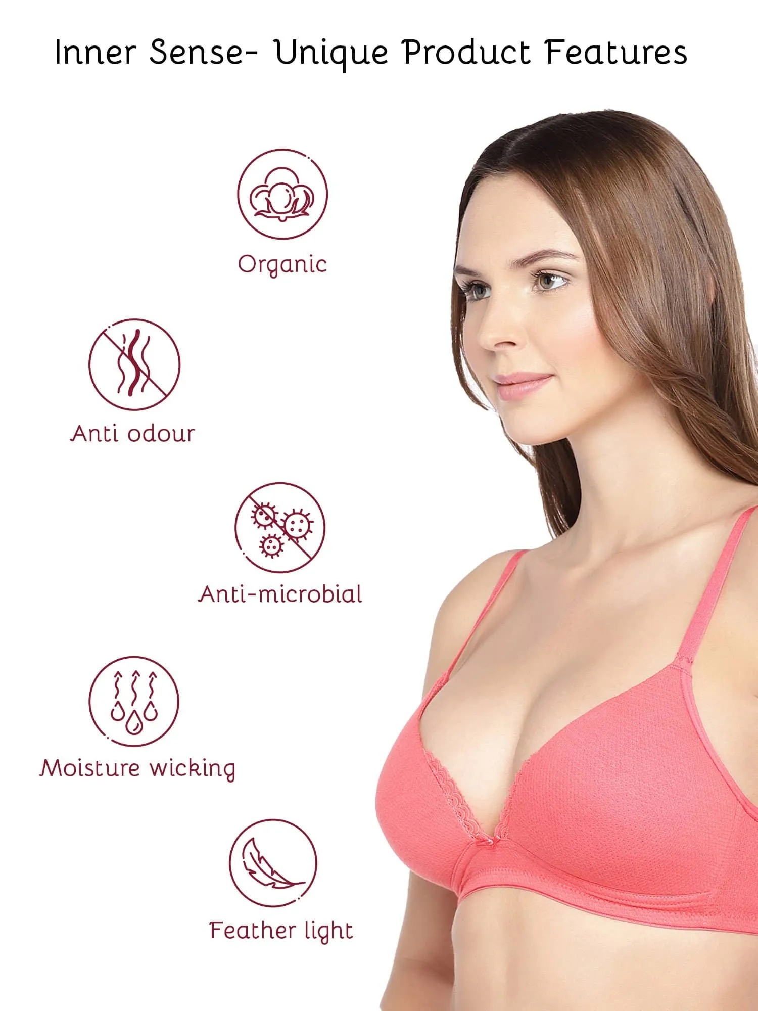 Organic Cotton  Antimicrobial Lace touch T-shirt Bra-ISB042-Bright Pink-