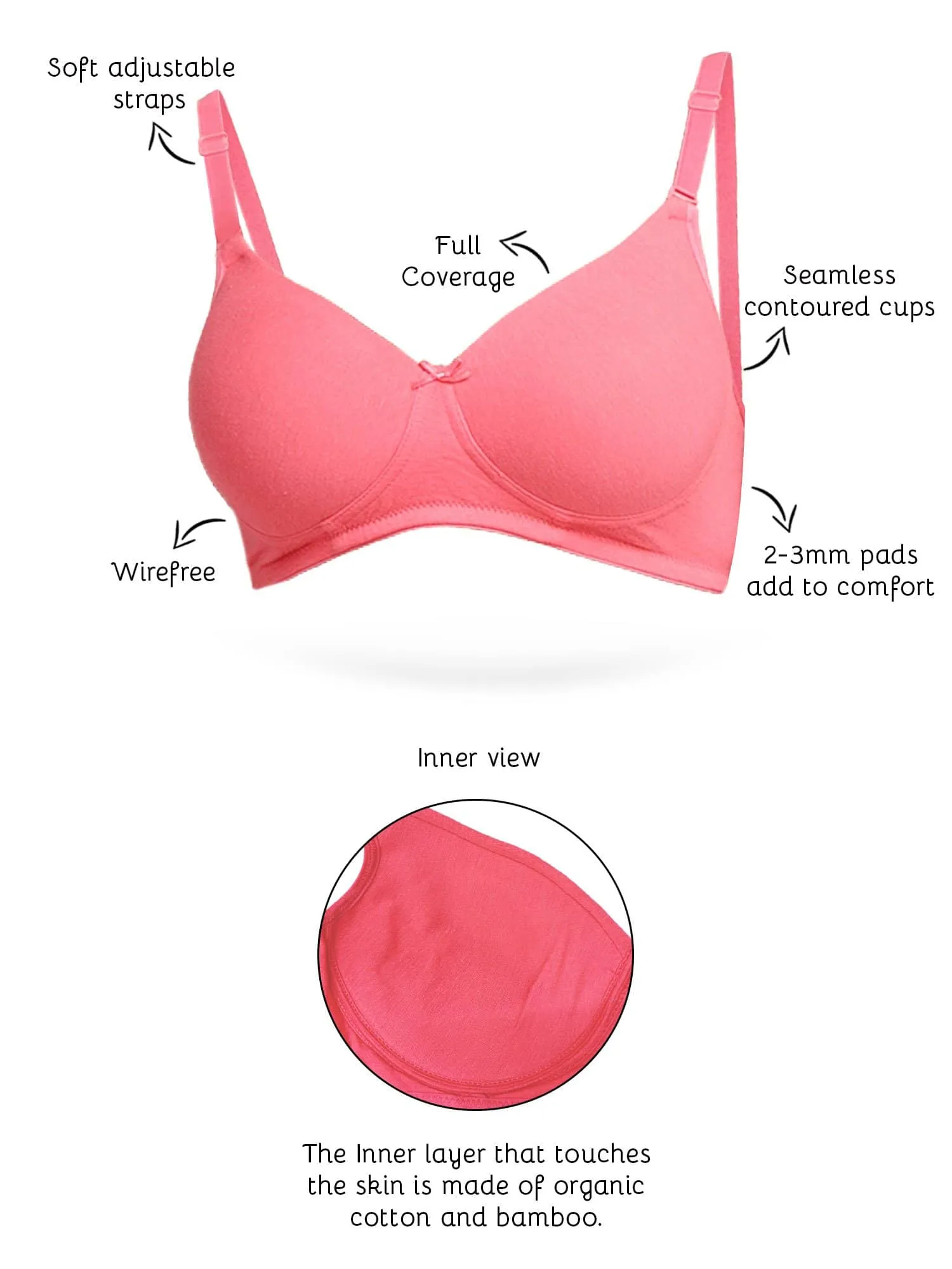 Organic Cotton Antimicrobial Wire-Free Padded Bra-ISB068-Bright Pink-