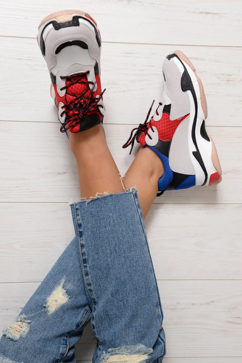 Red And Blue Chunky Lace Up Trainers - Thea