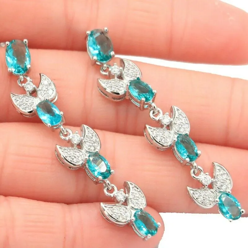 Rich Blue Simulated Aquamarine Long Bridal Luxury Earrings